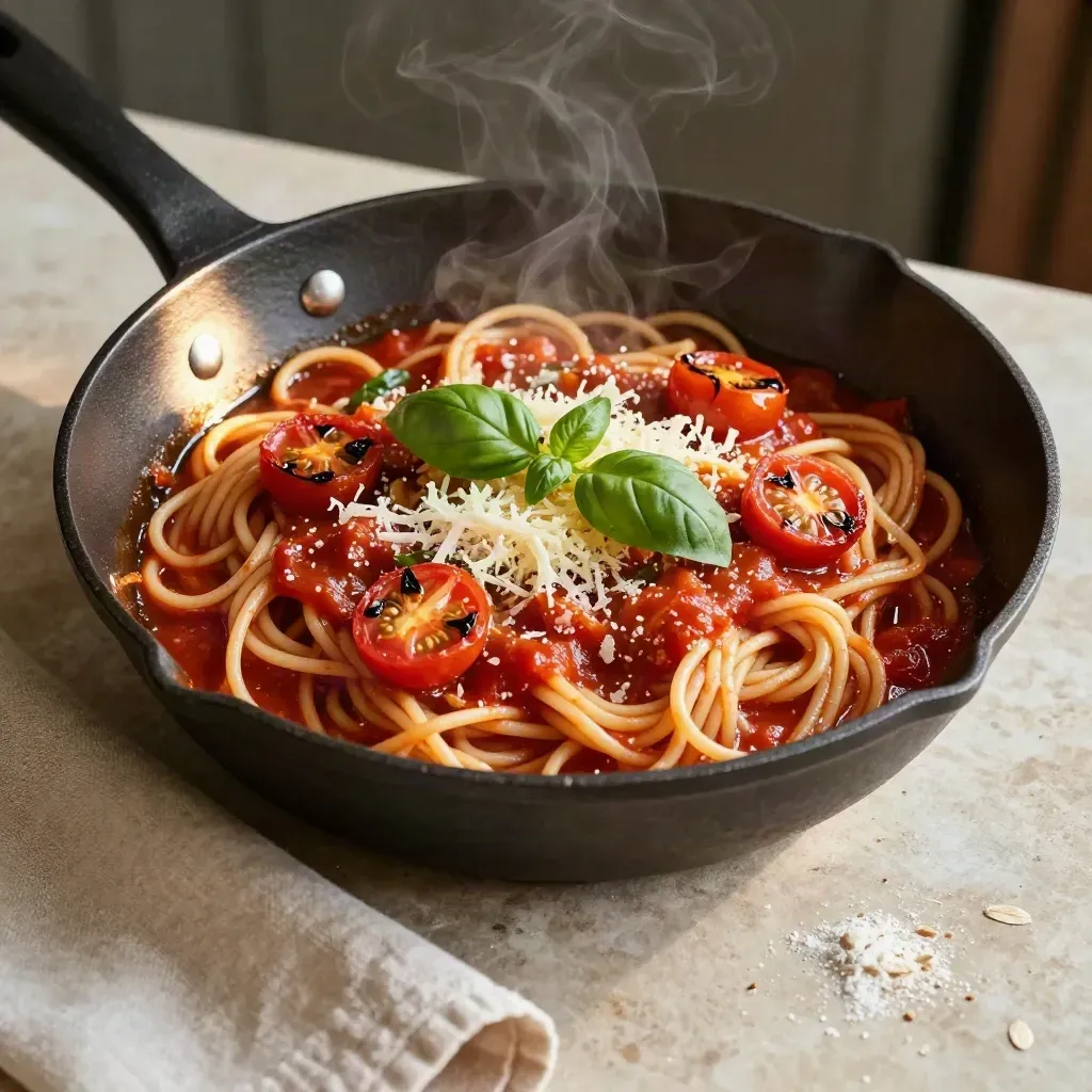 Doordeweekse pasta in pan met tomaat, basilicum en kaas, van boven geschoten.