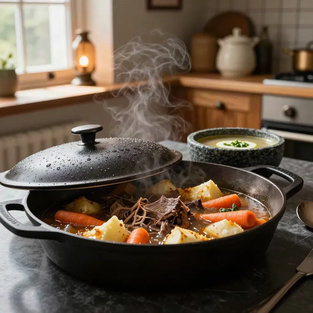Gietijzeren braadpan met stoof, gratin en soep op een donkere keukentafel met stoom