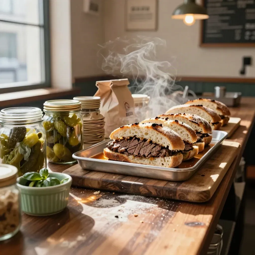 Broodjeszaaktoonbank met warme broodjes, bakplaten, ingelegde groente en papieren zakken.