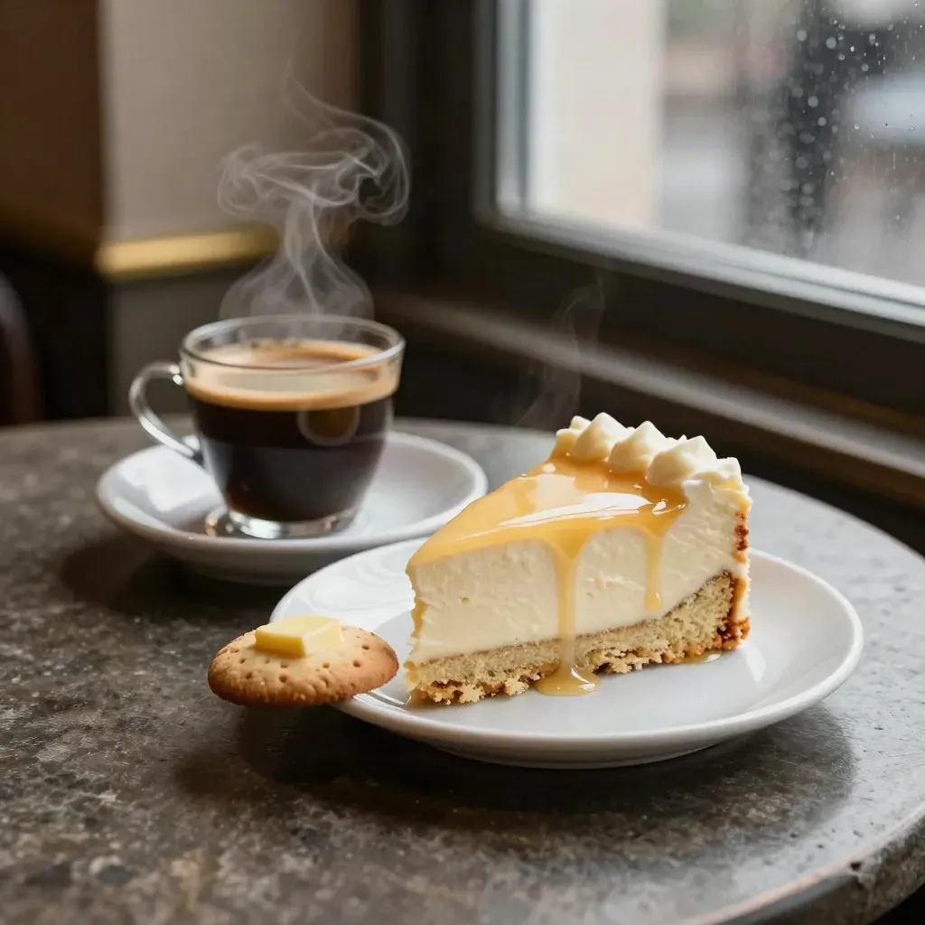 Koffie met taart en koekje op een donkere tafel bij het raam.