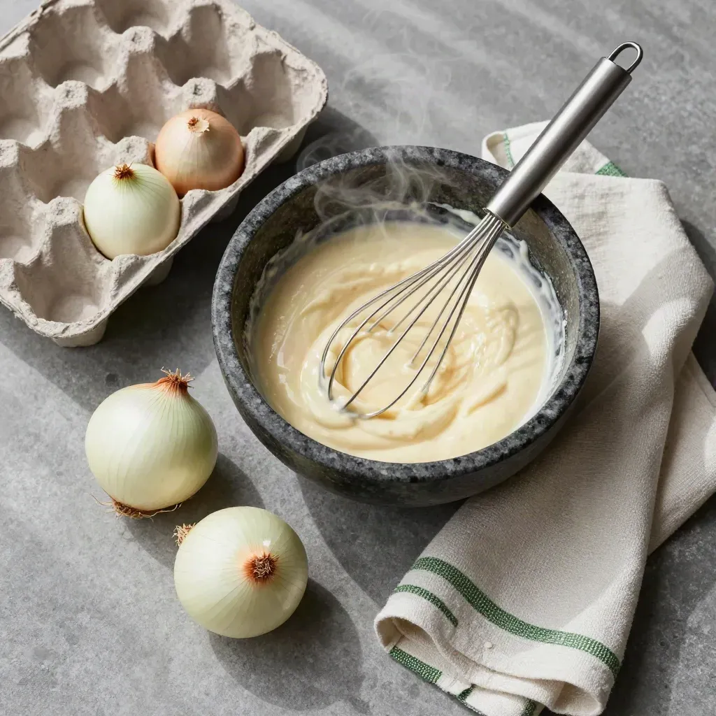 Overhead flatlay met eierdoos, beslagkom, garde, uien en theedoek op steenplaat.